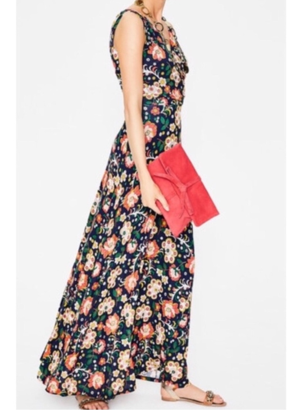Boden Georgia Jersey Floral Sleeveless Maxi Dress Navy Coral 10R Fair Condition